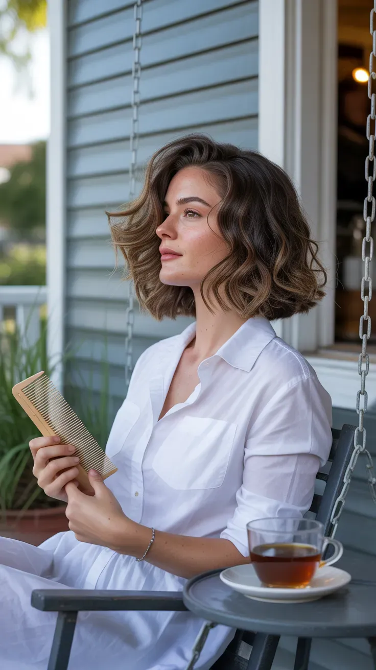 Long bob haircut styled with natural air-dry waves on woman with thin fine hair