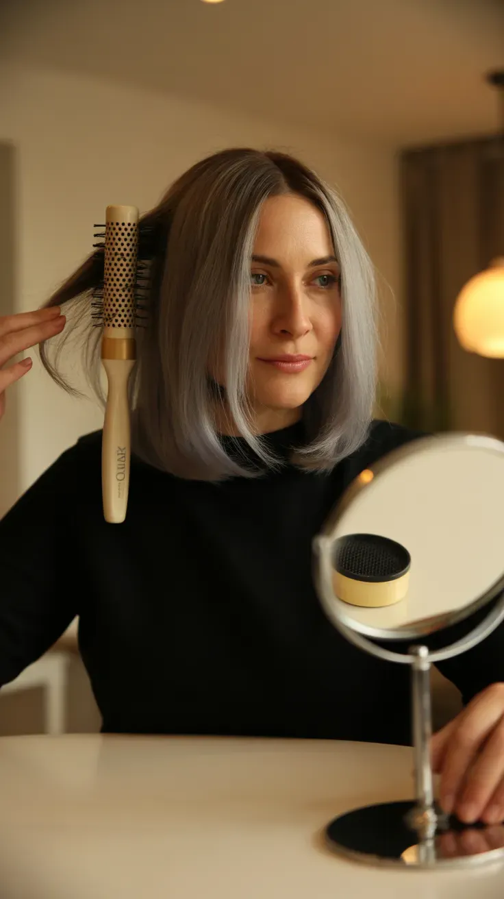 Angled long bob haircut on woman with thin fine hair