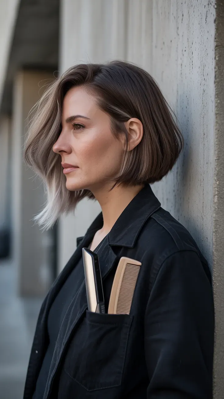 Asymmetrical long bob haircut on woman with thin fine hair