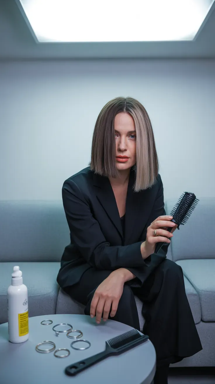 Blunt long bob haircut on woman with thin fine hair