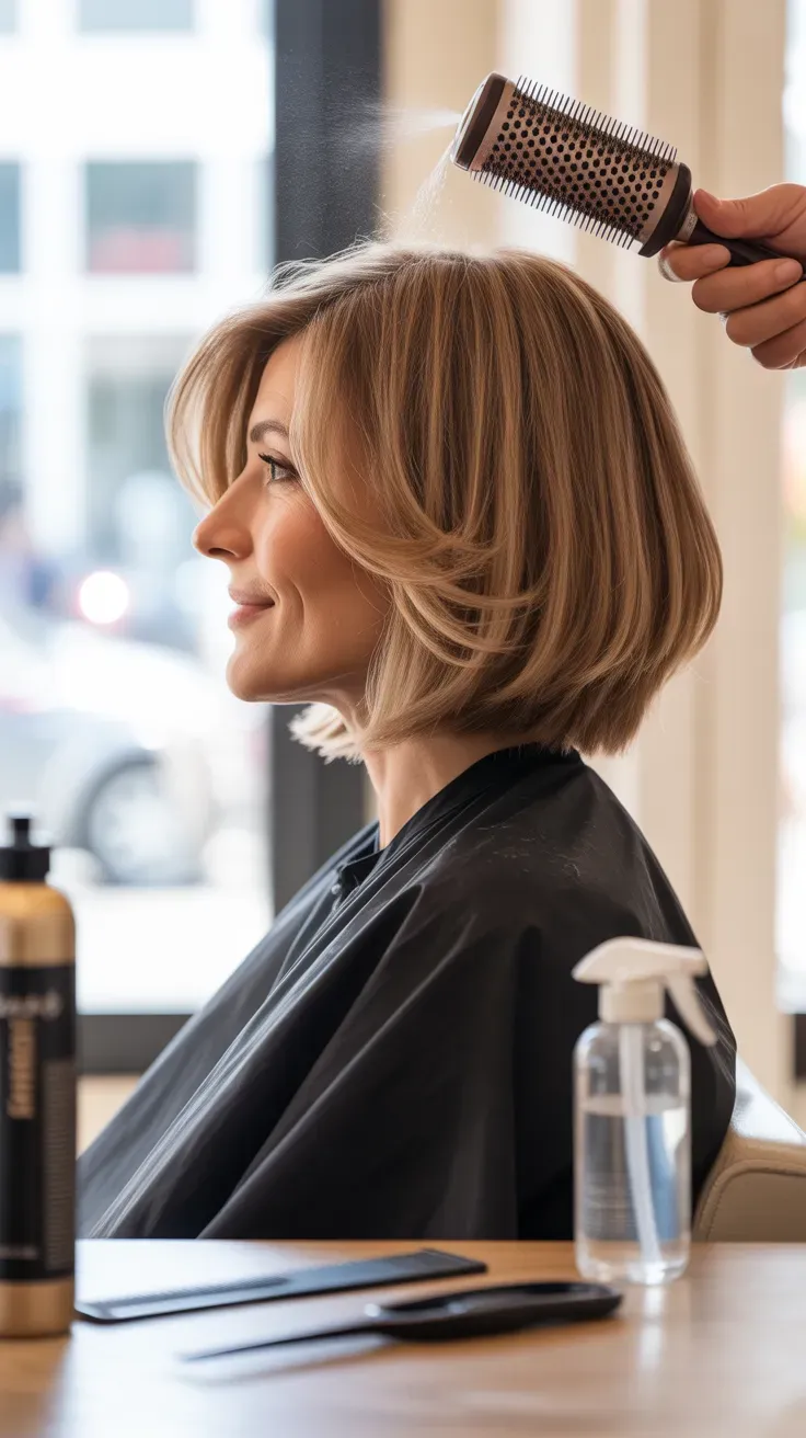 Woman with thin fine hair wearing a classic long bob with soft layers