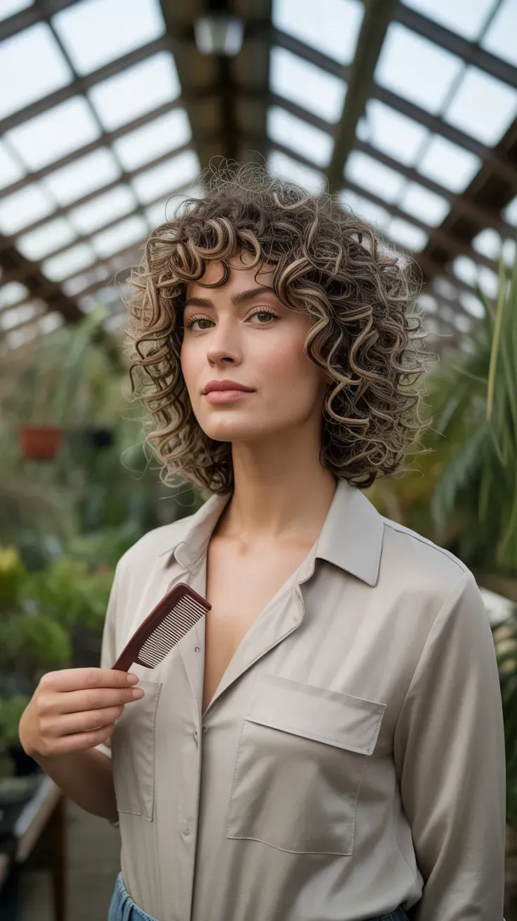 Curly long bob haircut on woman with thin fine curly hair