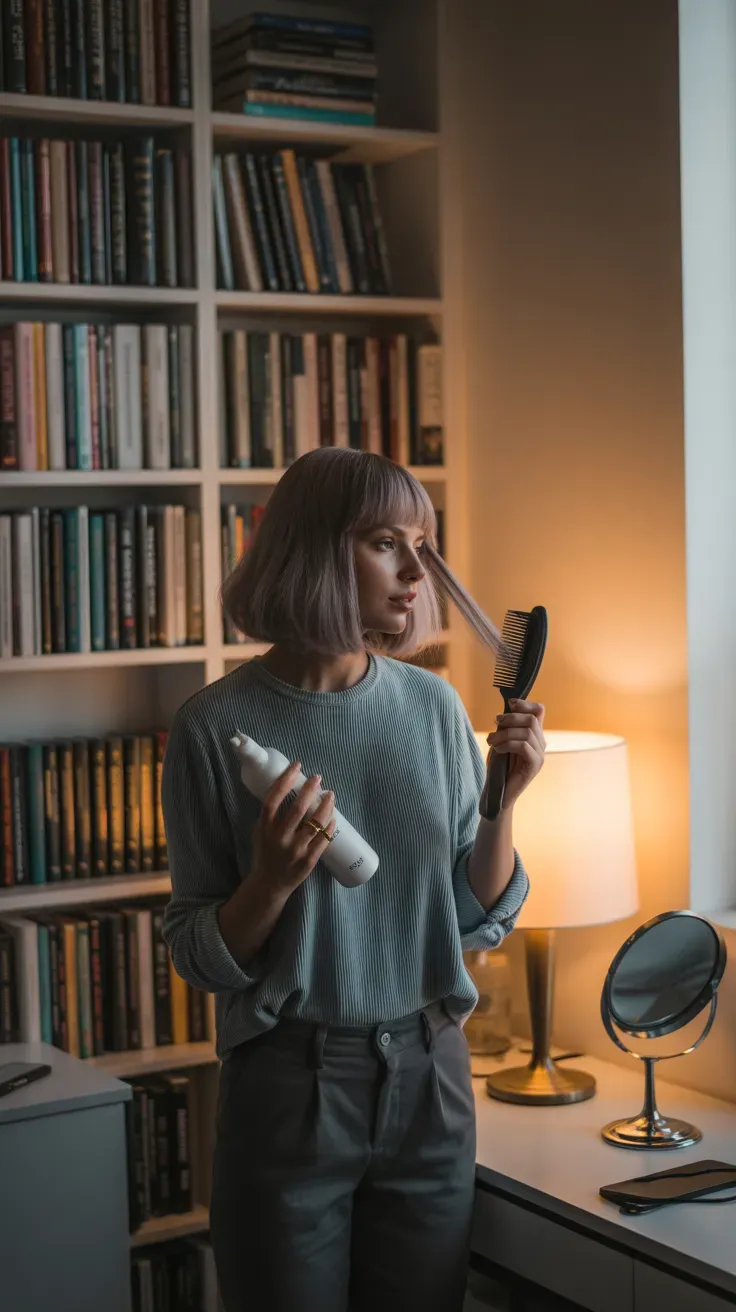 Long bob haircut with curtain bangs on woman with thin fine hair