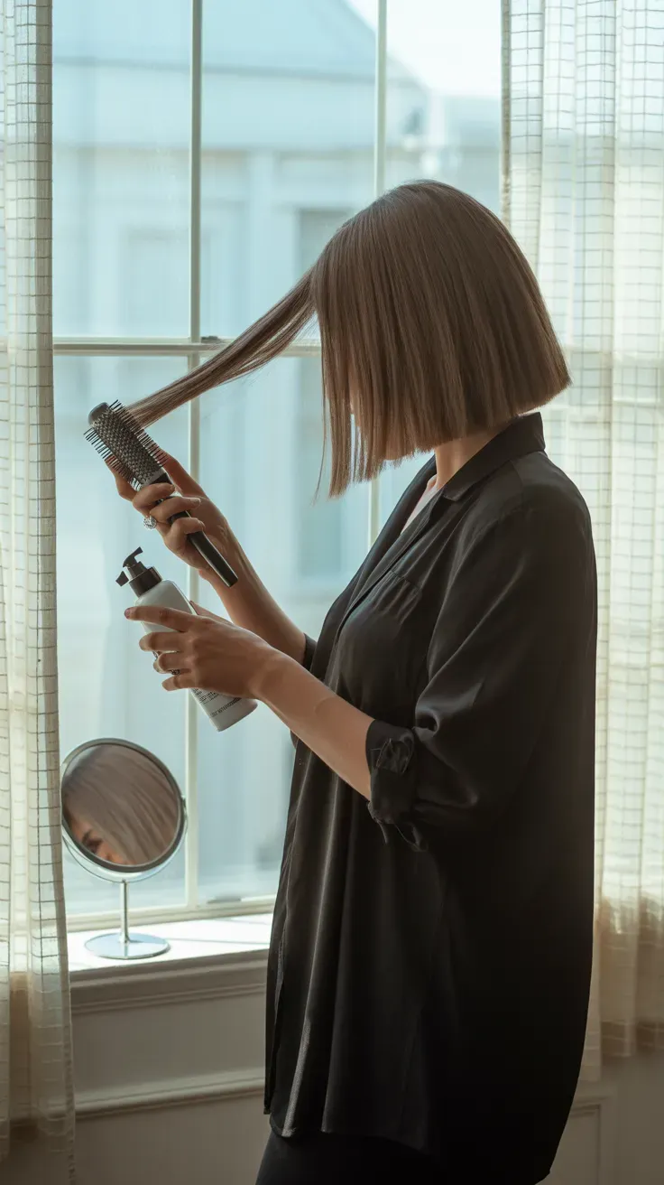 Long bob haircut with curtain fringe on woman with thin fine hair