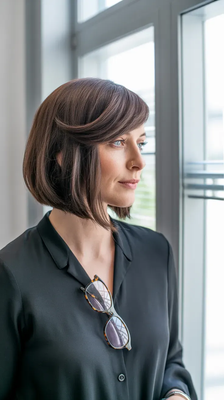 Long bob haircut with a deep side part on woman with thin fine hair