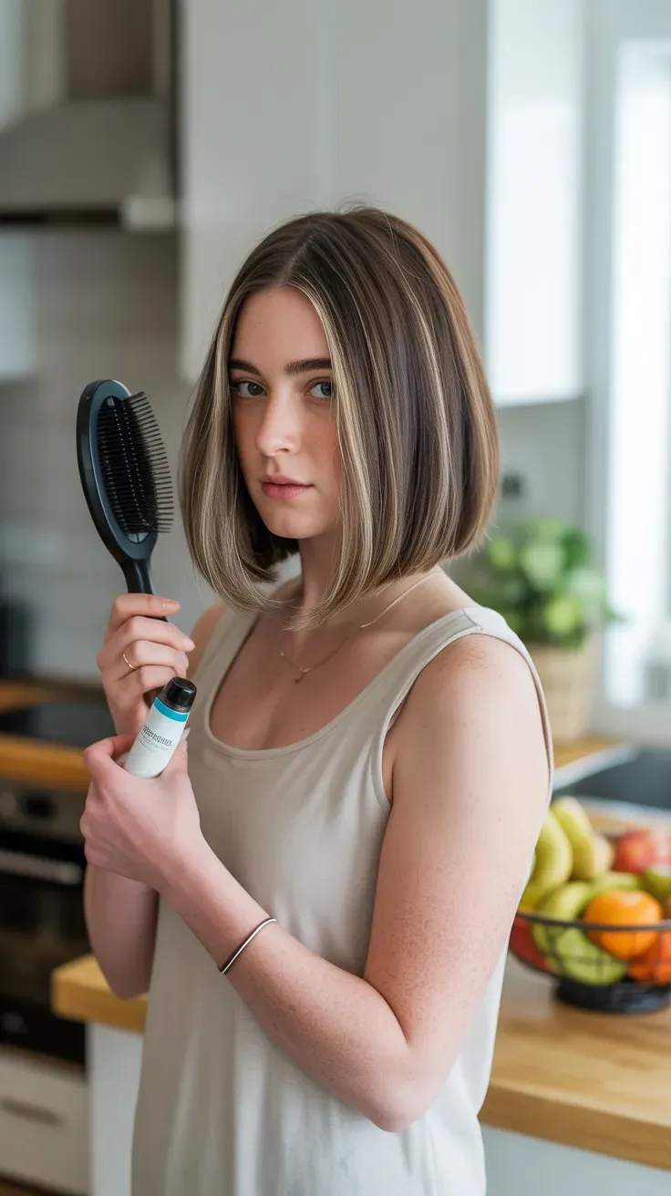 Long bob haircut with face-slimming layers on woman with thin fine hair