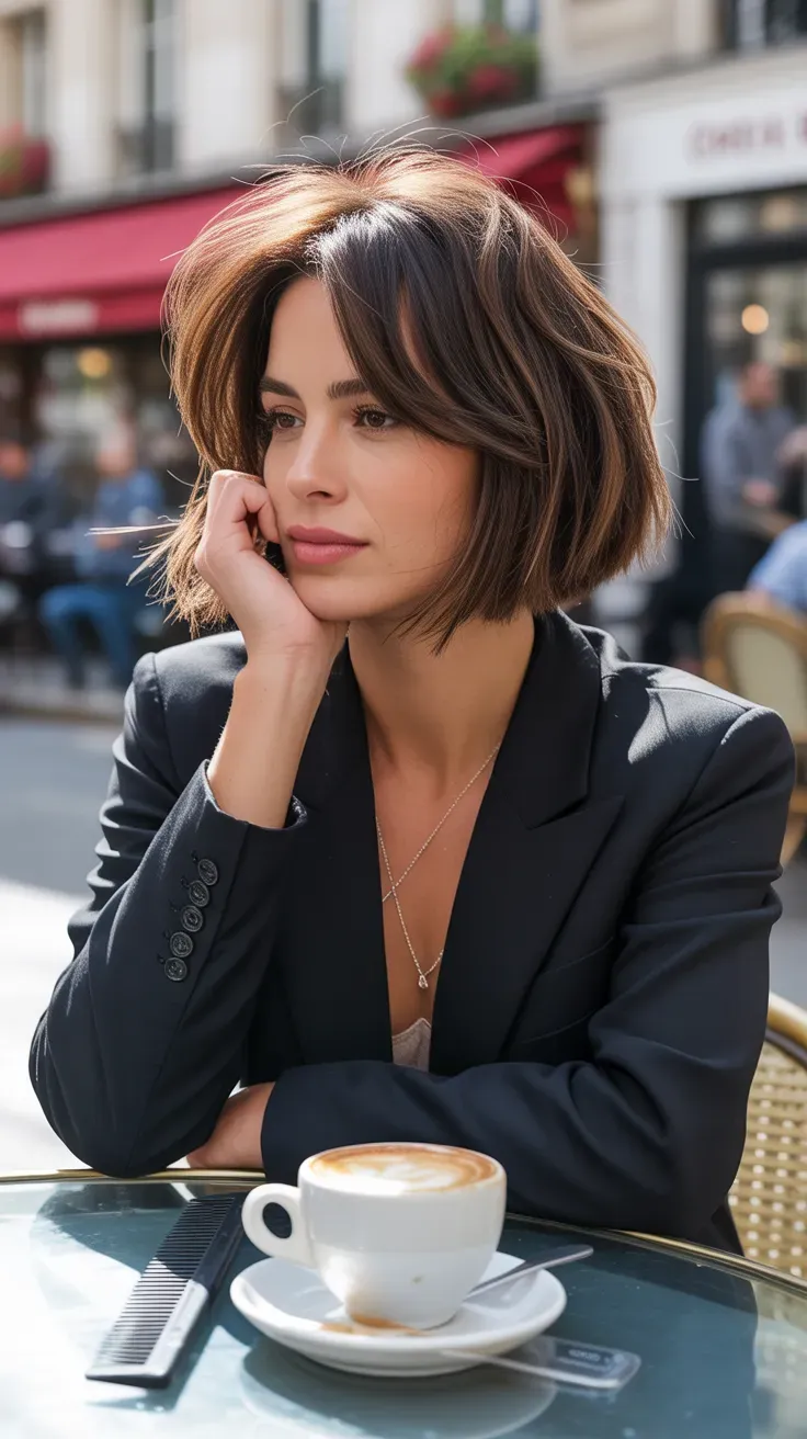French girl long bob haircut on woman with thin fine hair