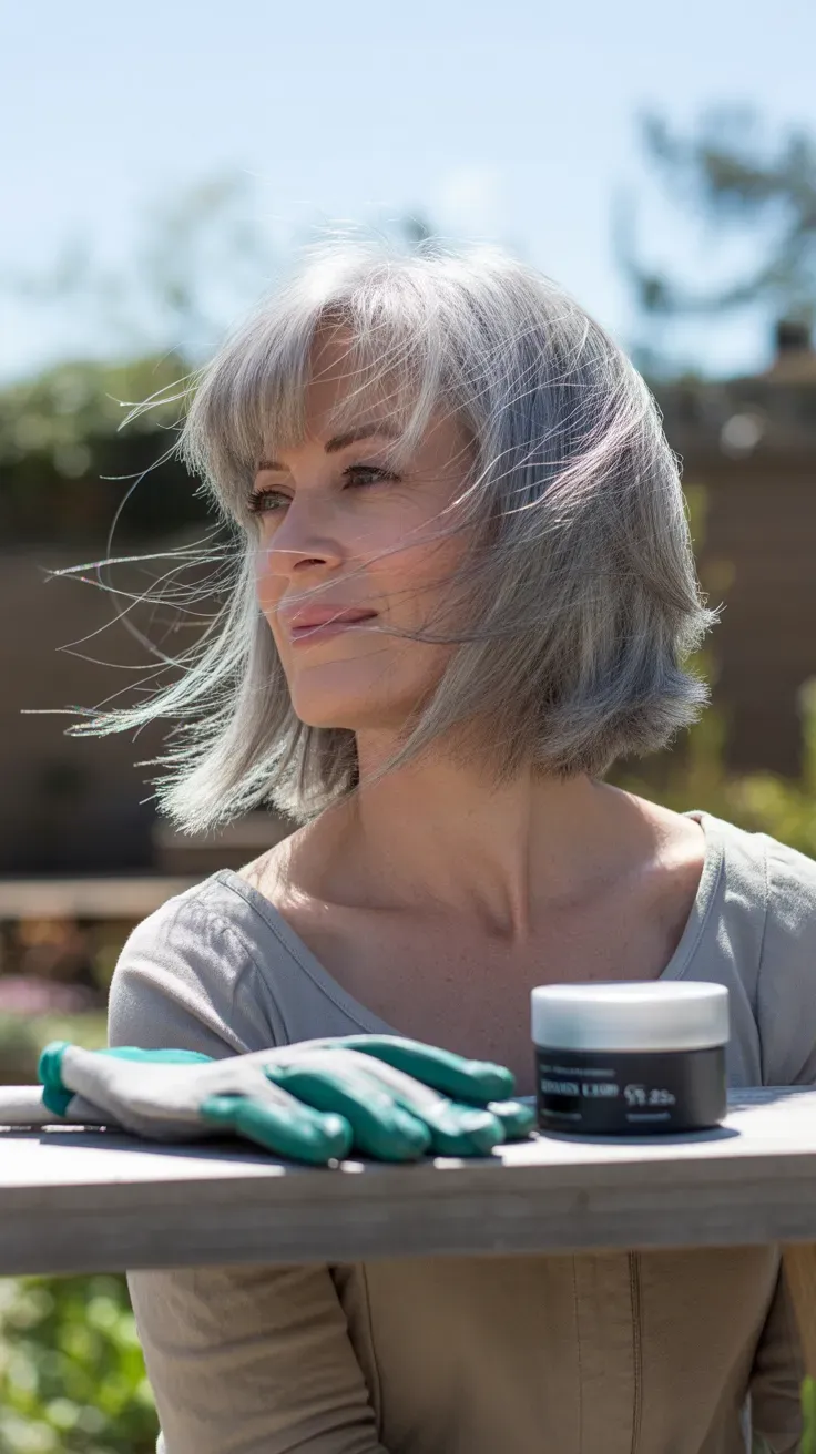 Textured silver long bob haircut on gray-haired woman with thin fine hair