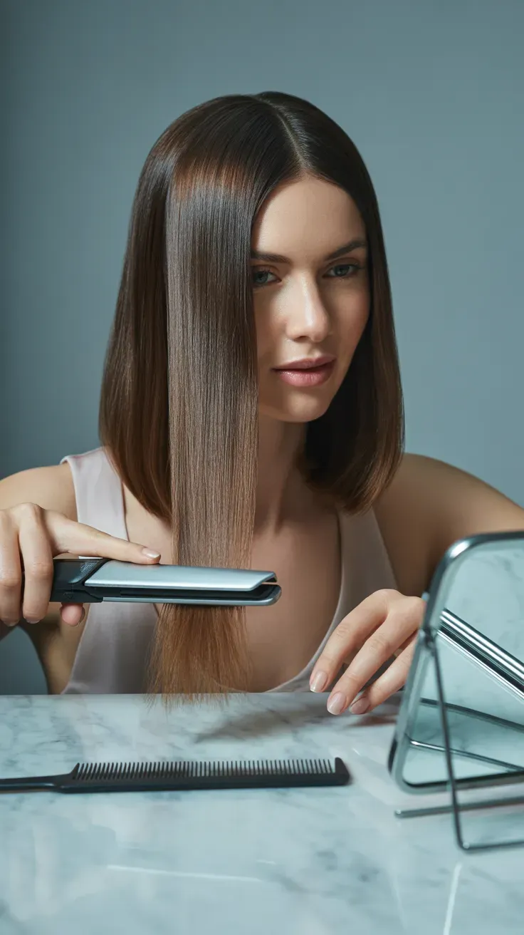 Sleek straight long bob haircut on woman with thin fine hair