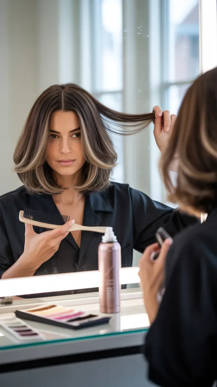 Long bob haircut with subtle highlights on woman with thin fine hair