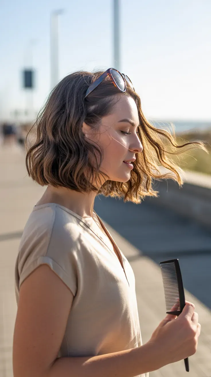 Wavy long bob haircut on woman with thin fine hair and natural texture
