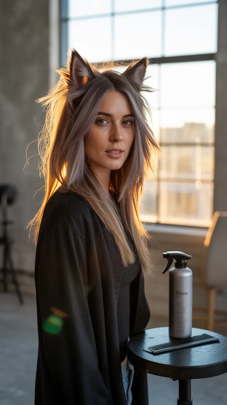 Wolf-inspired long bob haircut with textured spiky layers on woman with thin fine hair