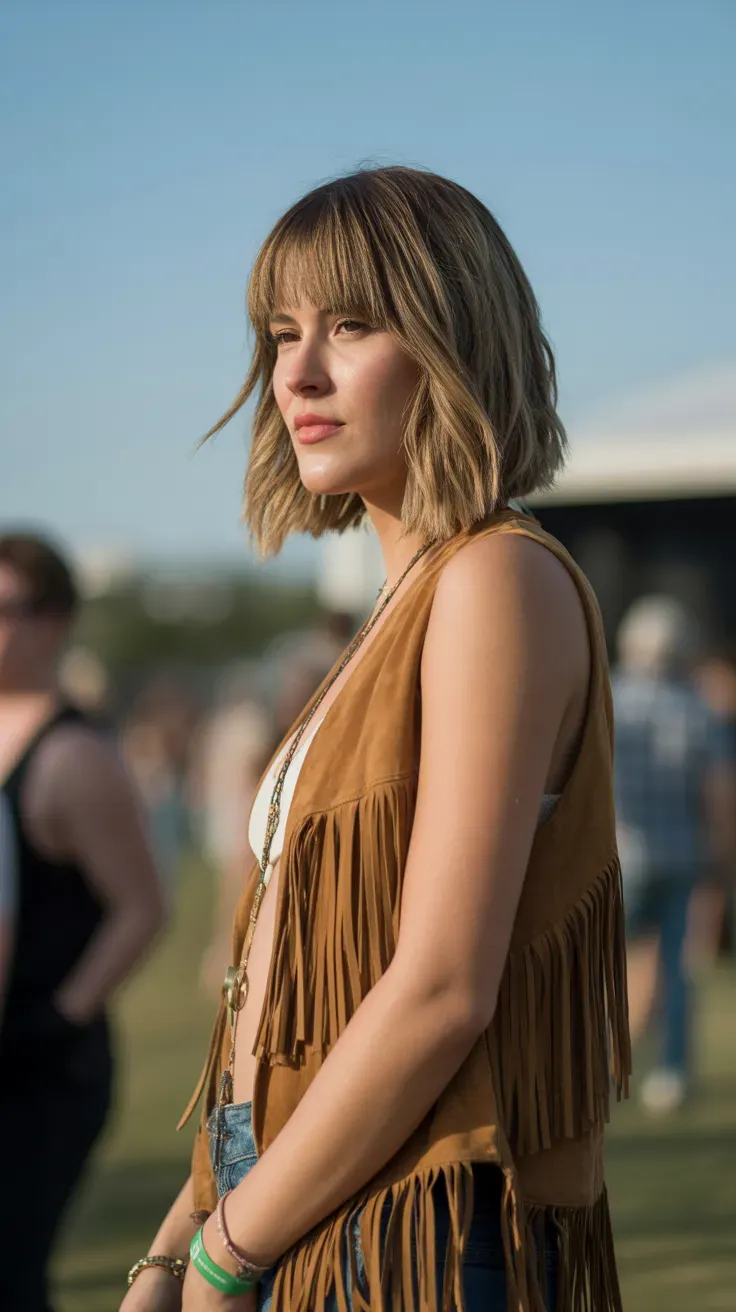 Woman with a long bob styled with loose tousled bangs and texture throughout
