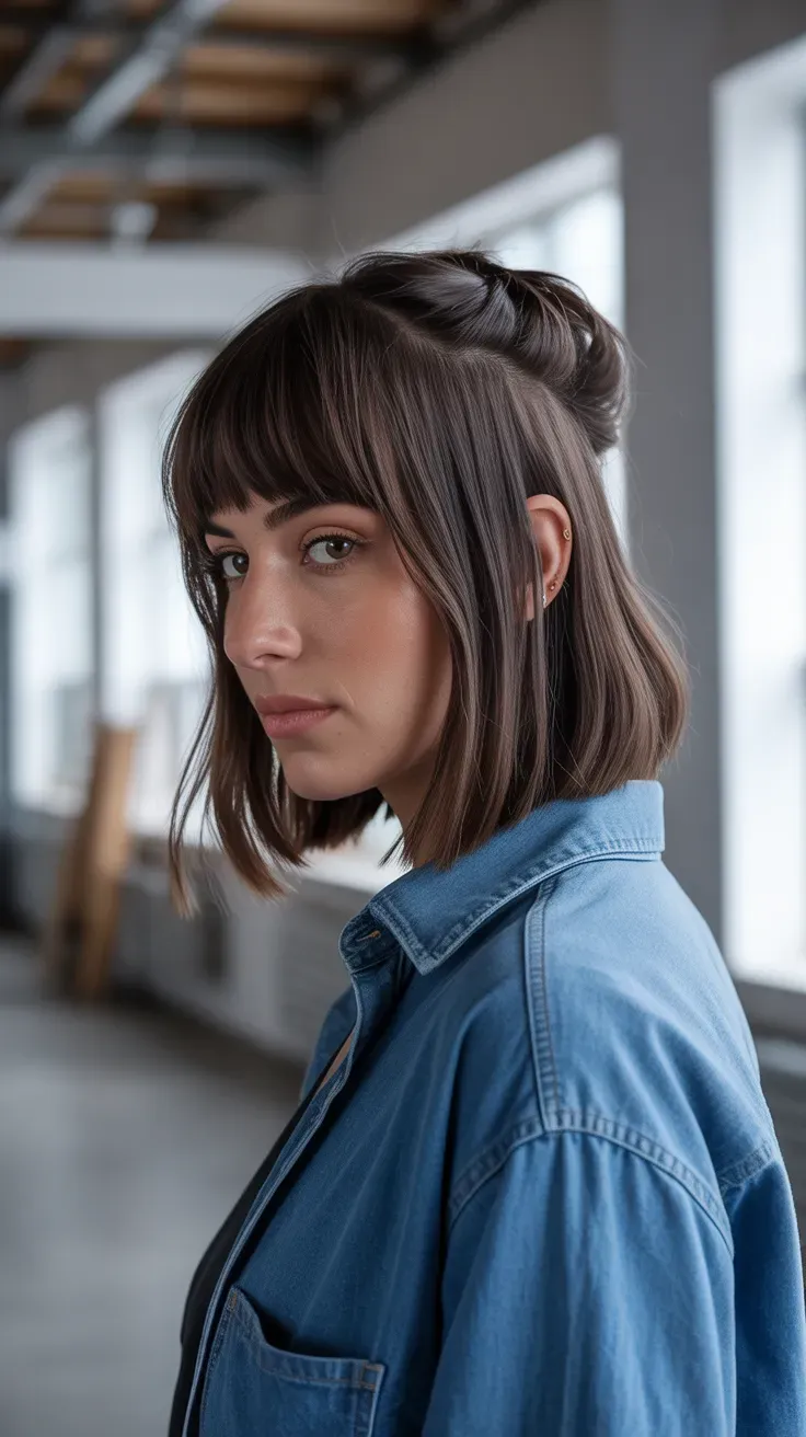 Woman with a long bob featuring a subtle undercut at the nape and soft bangs
