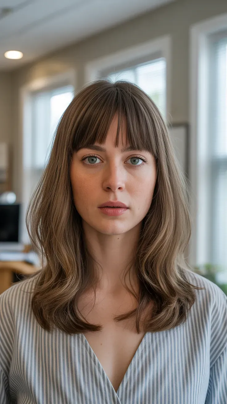 Woman with a long bob and bangs styled with a light volumizing spray at the roots