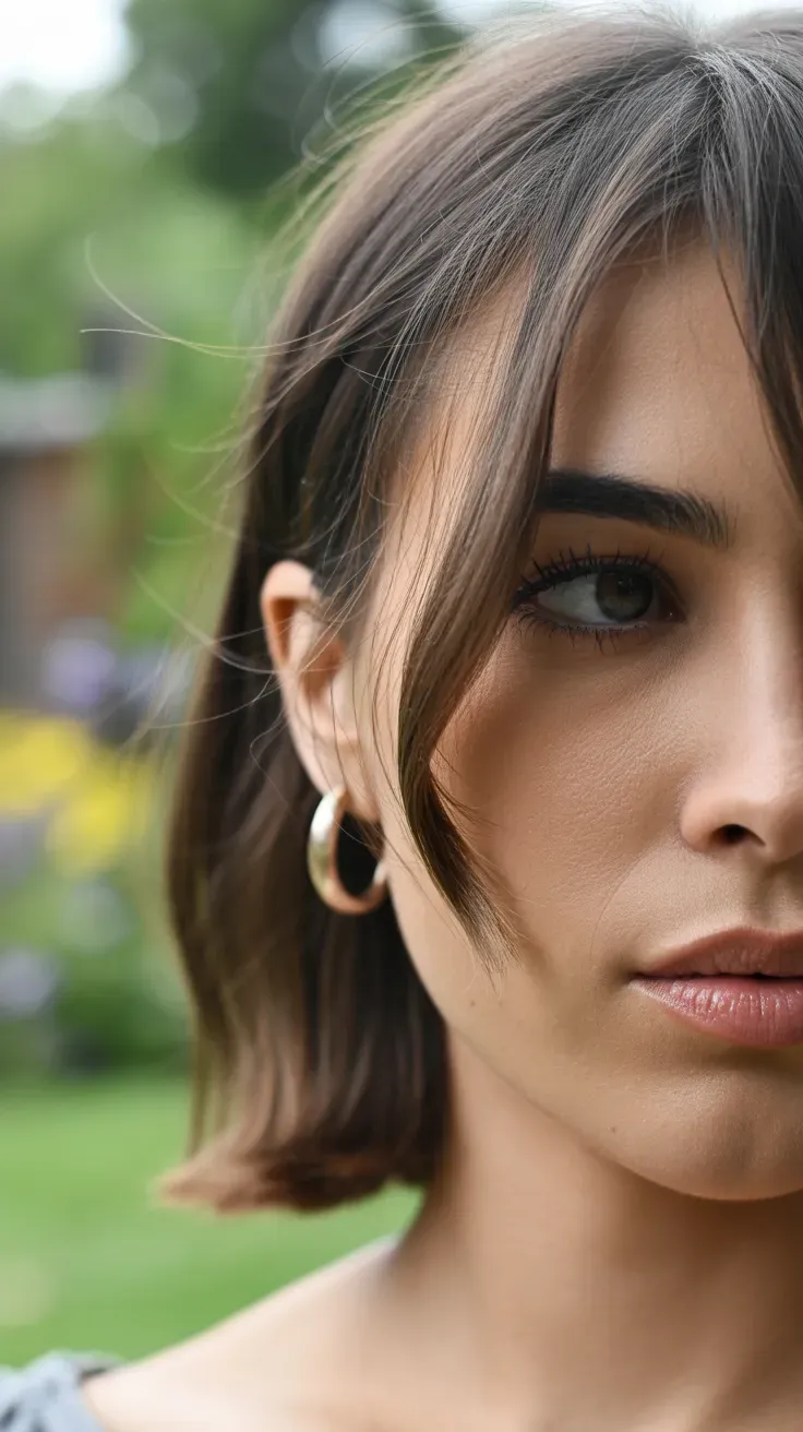 Close-up of woman with a long bob and wispy bangs softly framing her forehead