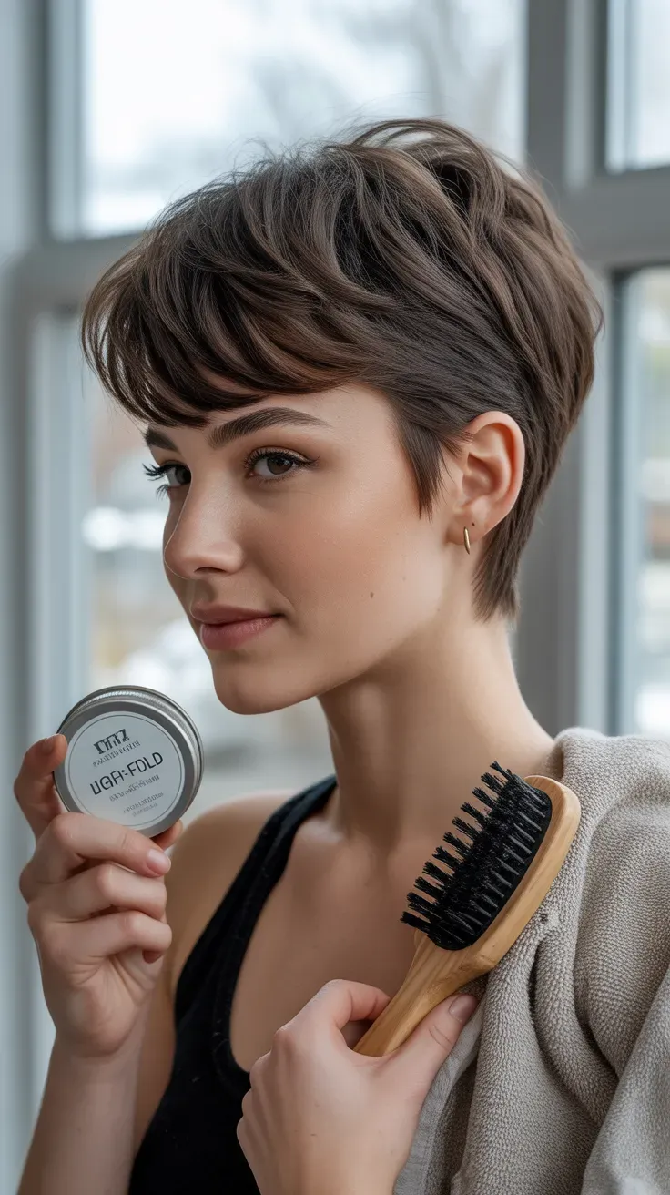 Woman with a longer pixie cut featuring soft layers around the crown