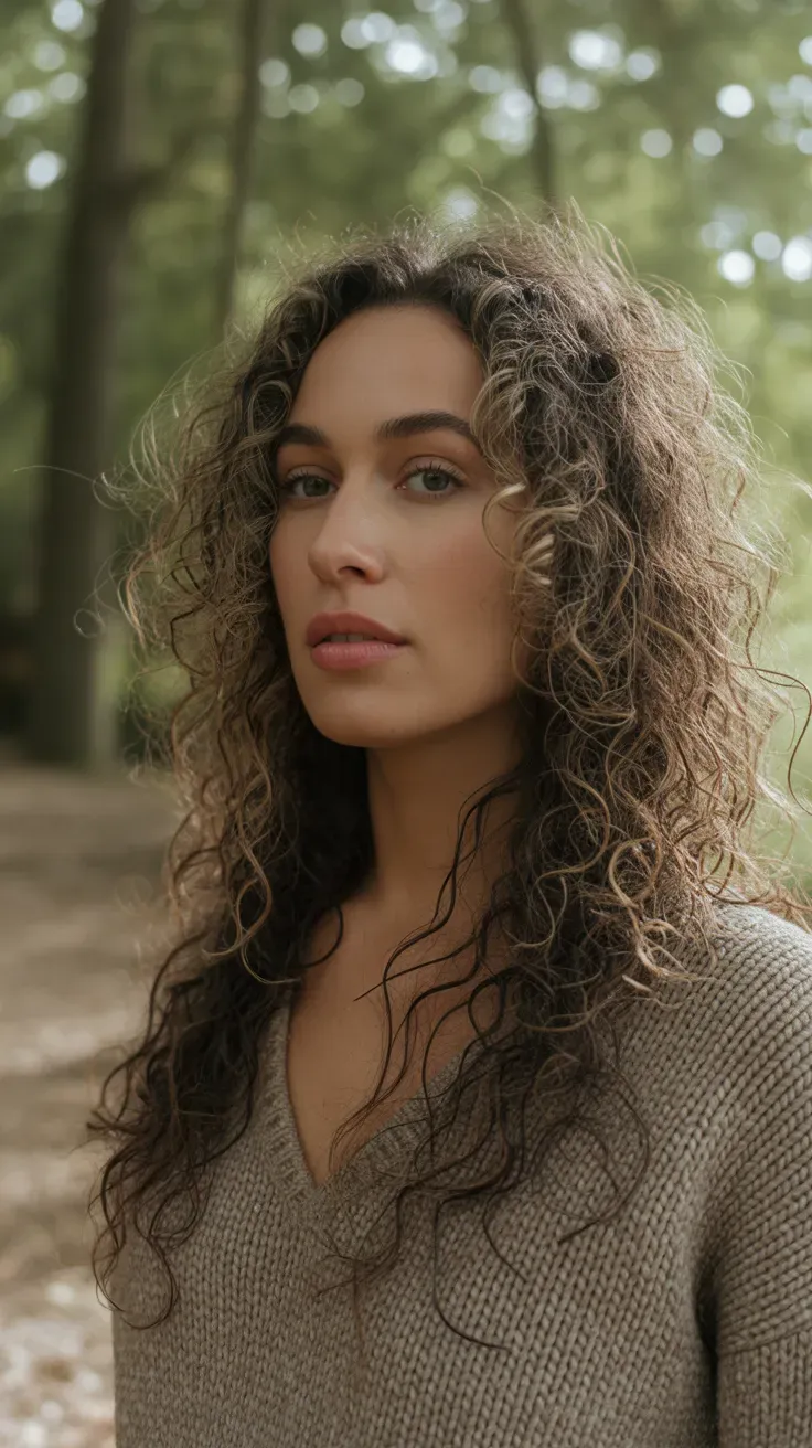 Woman with long curly hair styled with soft layers throughout