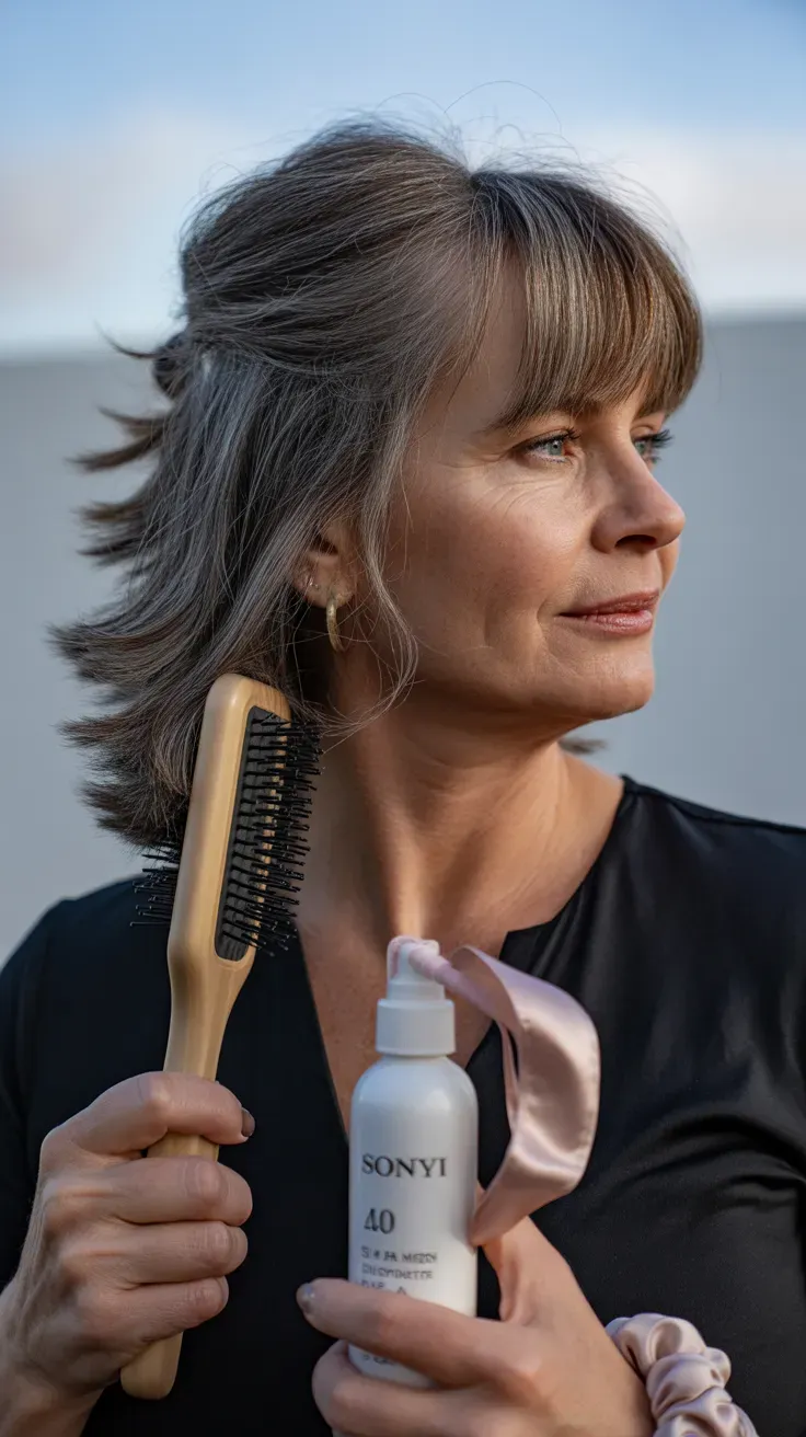 Woman over 50 with a long shag haircut featuring heavy layering throughout