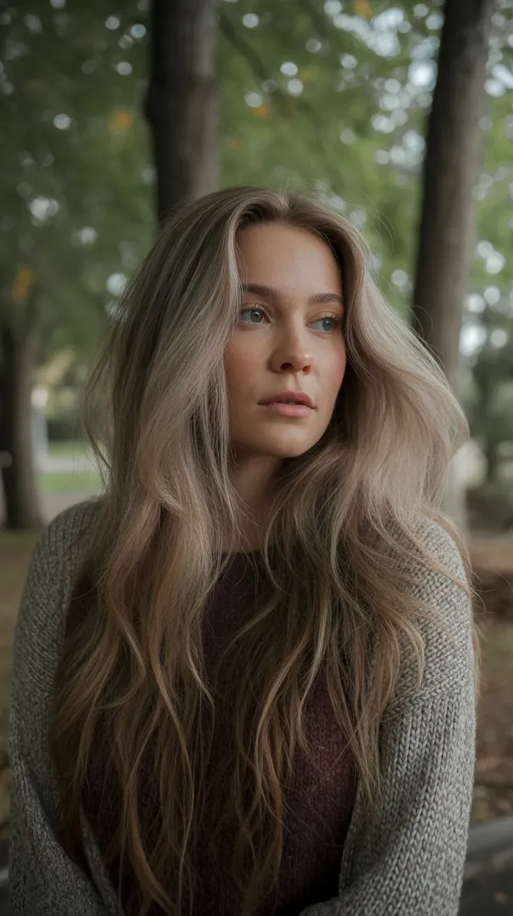 Woman with long wavy hair styled with soft layers throughout