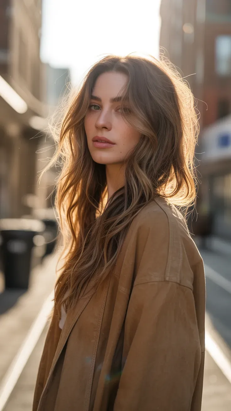 Woman with a long wolf cut featuring wispy feathered layers throughout