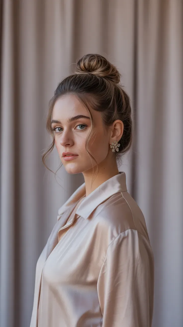 Woman with a soft voluminous top knot styled high on the crown