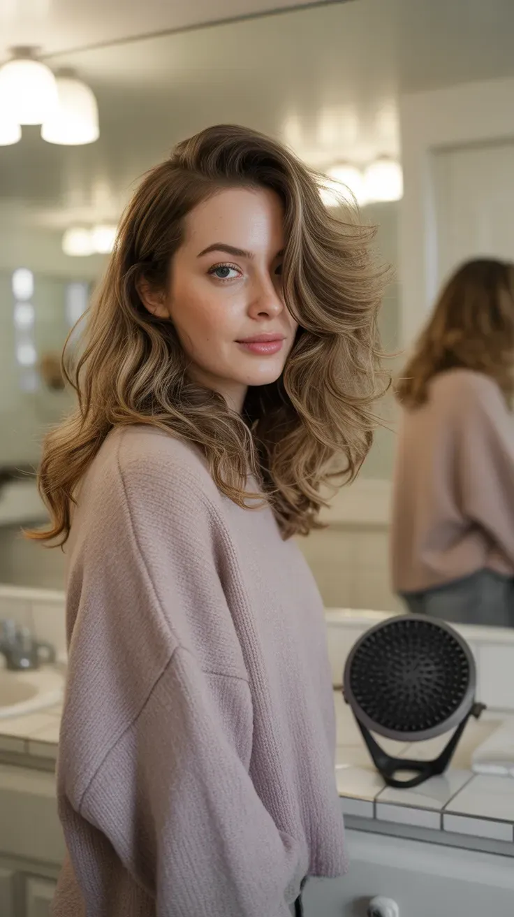 Woman with loose natural waves styled using a diffuser attachment for soft volume