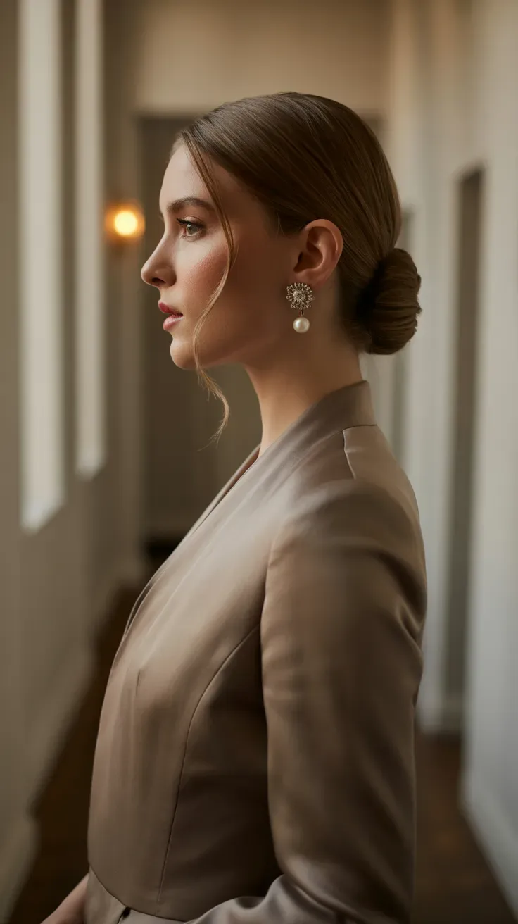 Elegant older woman with a soft low chignon styled at the nape of her neck