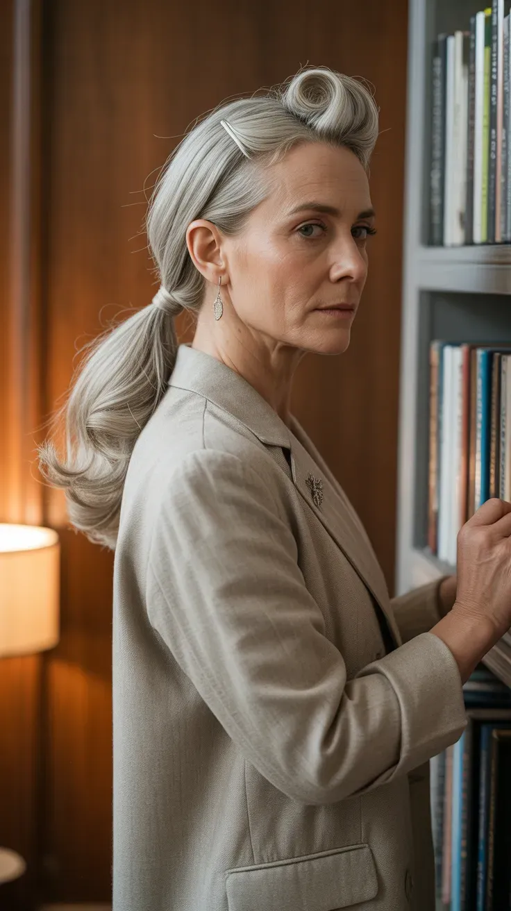 Woman with a low ponytail styled with a soft volumizing twist at the crown