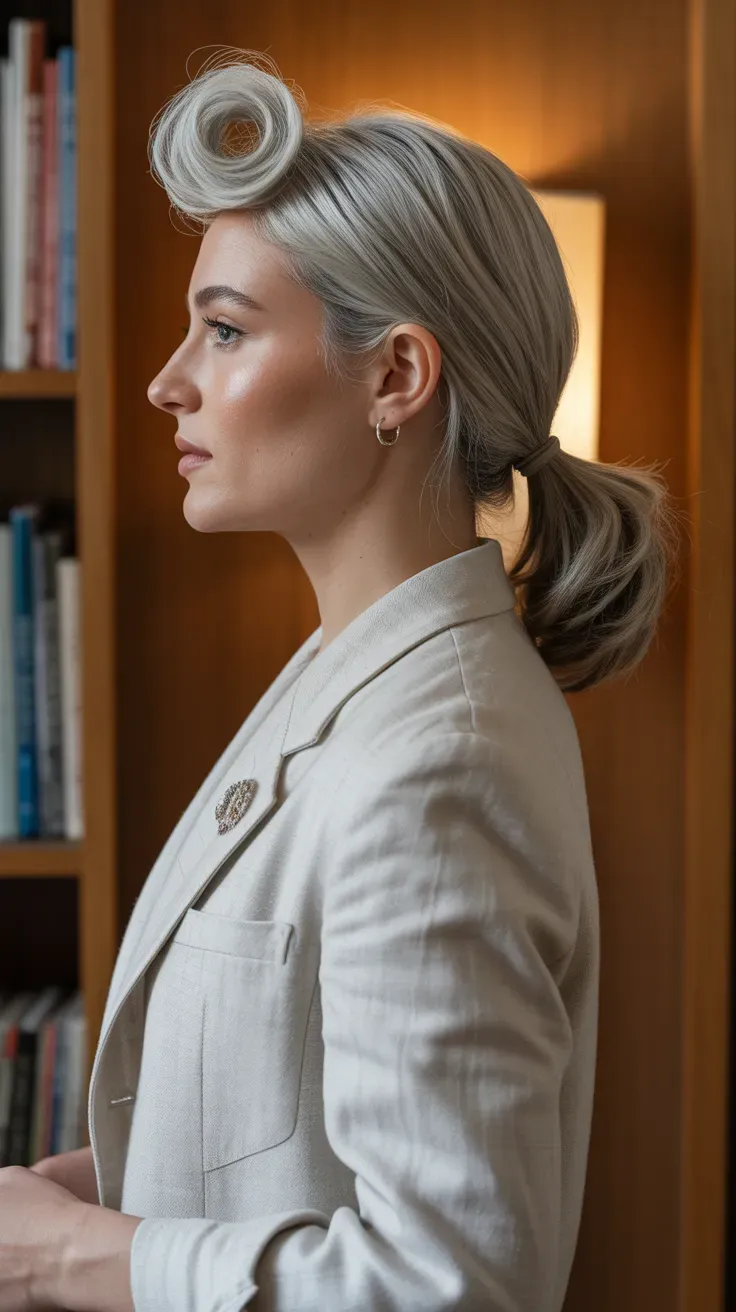 Woman with a low ponytail styled with a soft volumizing twist at the crown