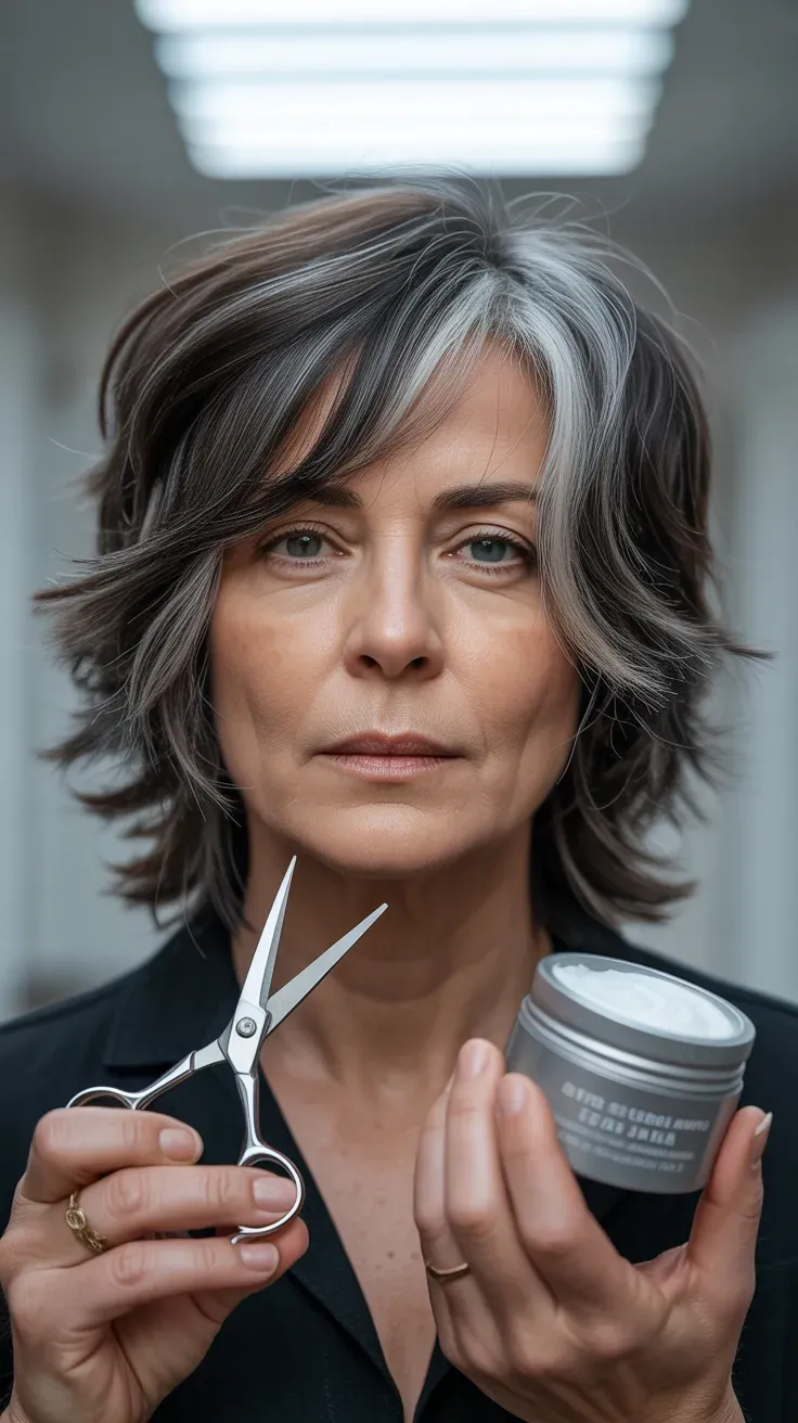 Woman over 50 with a medium-length cut featuring choppy, jagged layers
