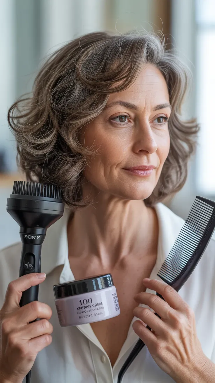 Woman over 50 with a medium-length cut styled using a diffuser for natural texture