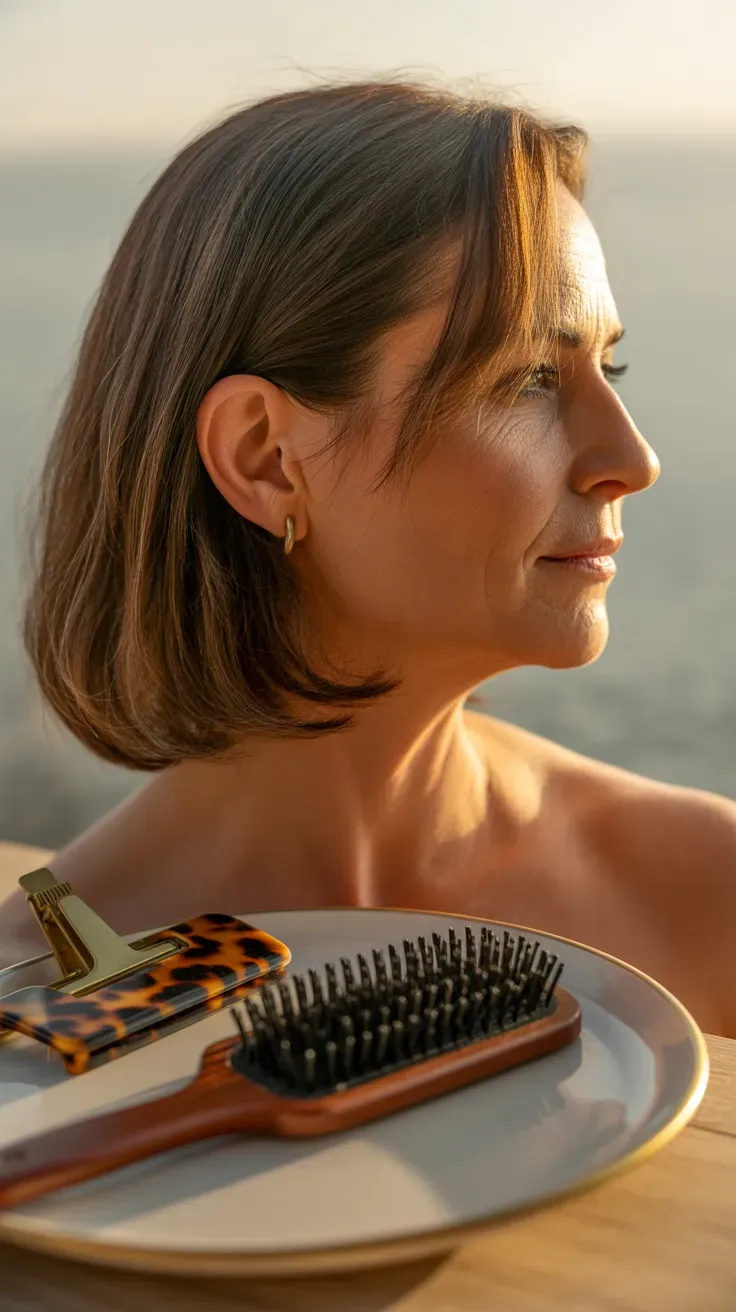 Woman over 50 with a medium-length cut styled with a long, side-swept fringe