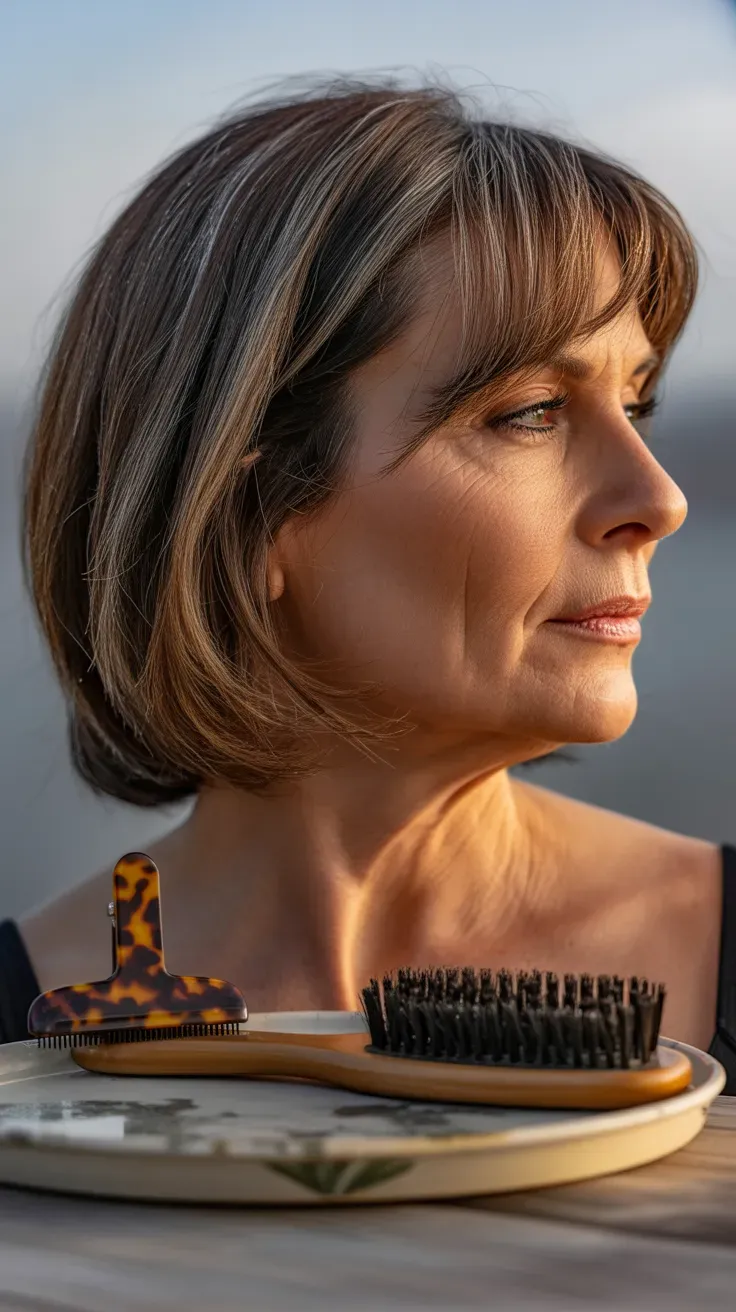 Woman over 50 with a medium-length cut styled with long side-swept bangs