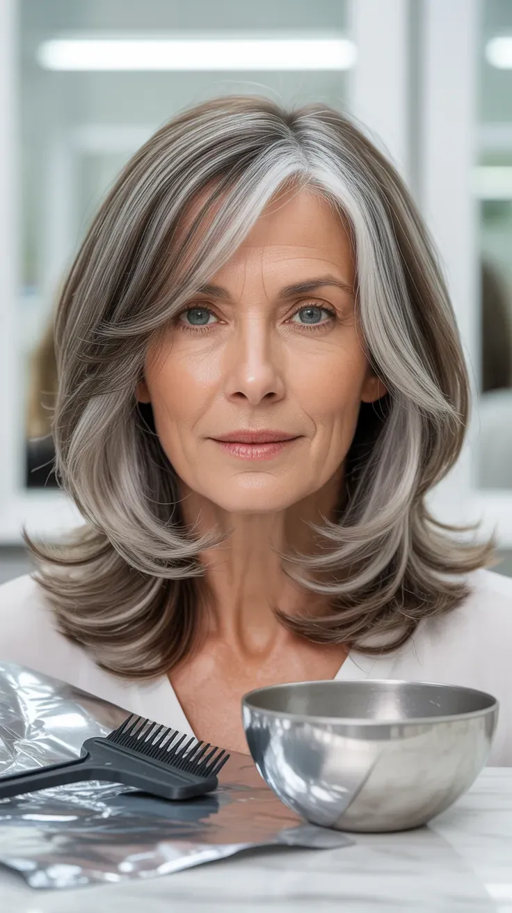 Woman over 50 with a medium-length cut featuring soft, dimensional silver highlights