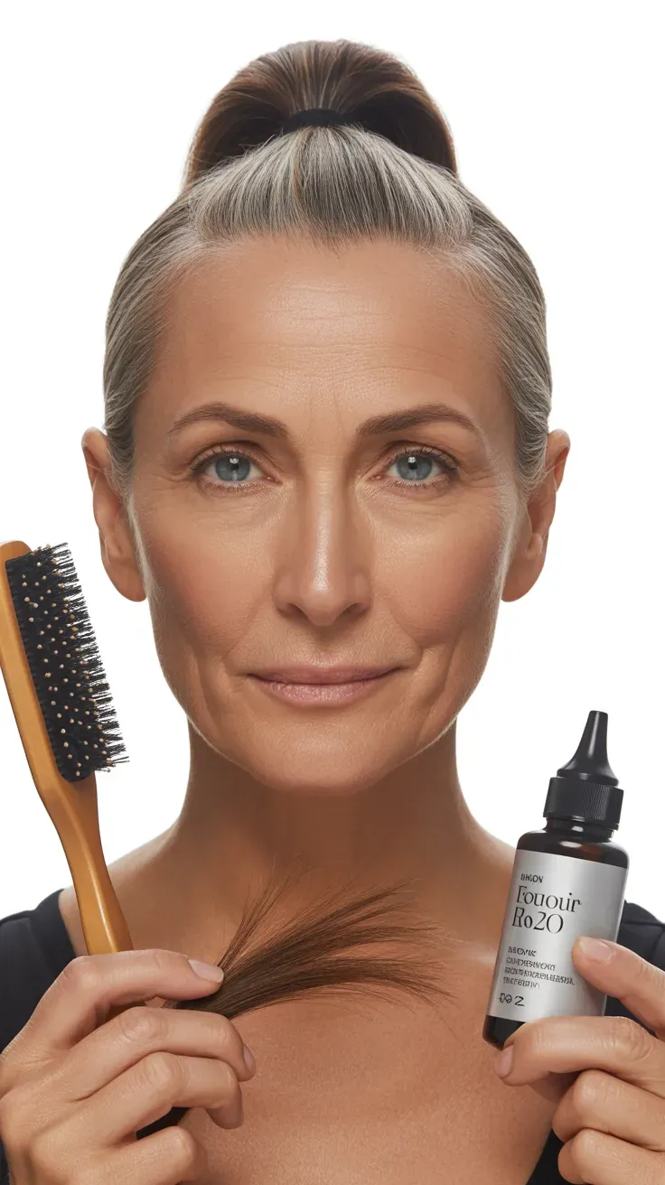 Woman over 50 with medium-length hair styled into a sleek, smooth ponytail