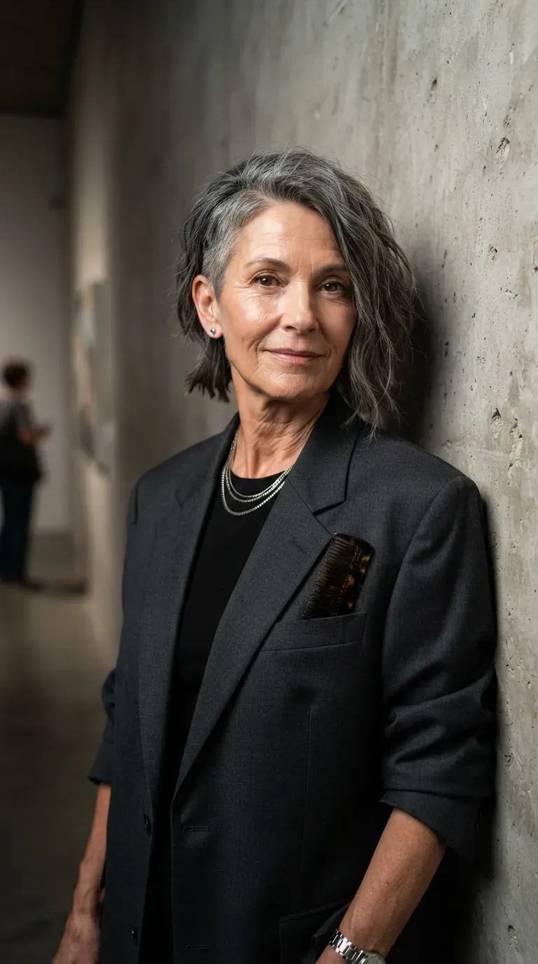 Medium length layered haircut with an asymmetrical cut on woman over 60