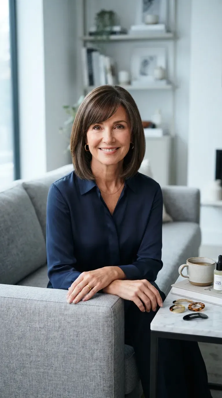 Medium length bob haircut with blunt ends on woman over 60