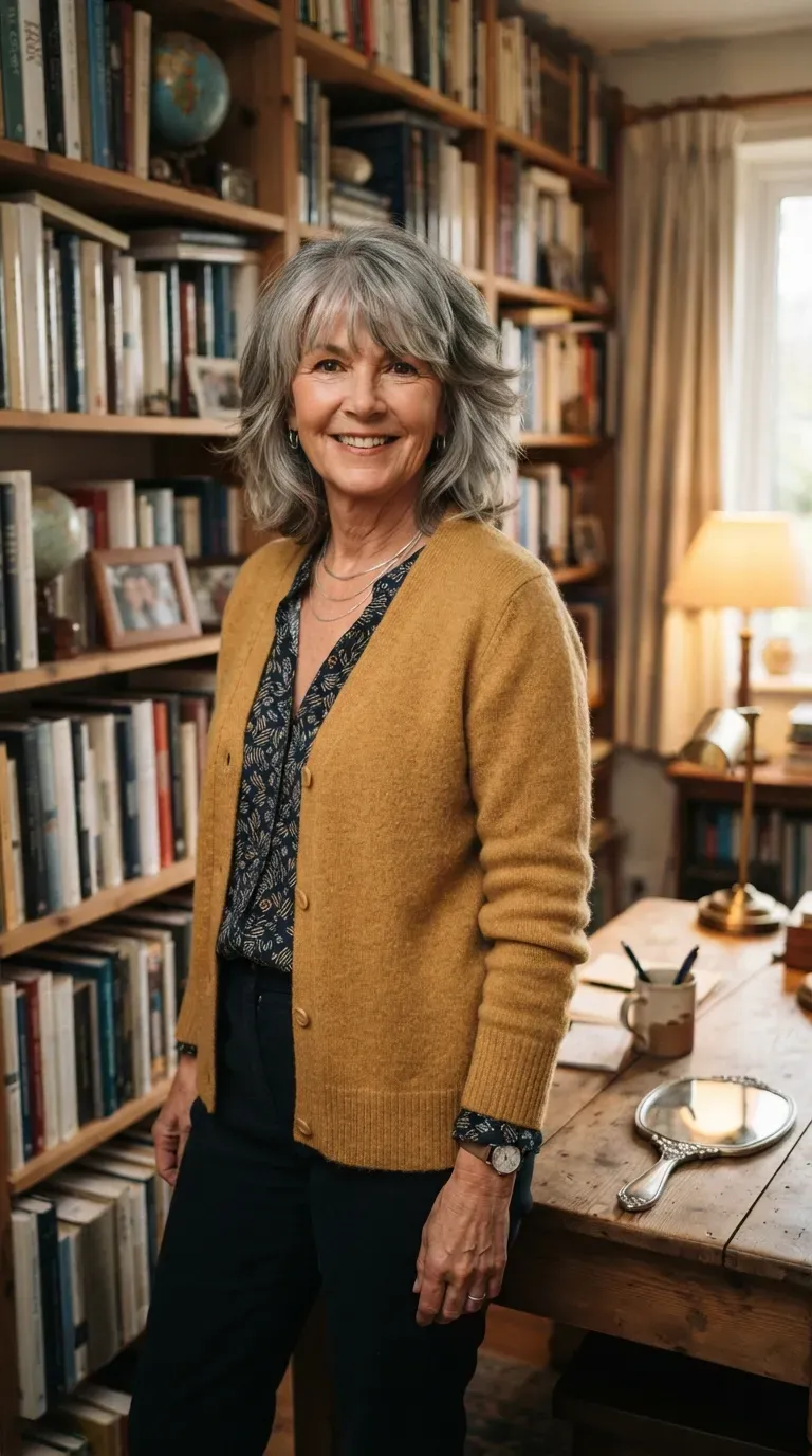 Medium shag haircut with curtain bangs on woman over 60