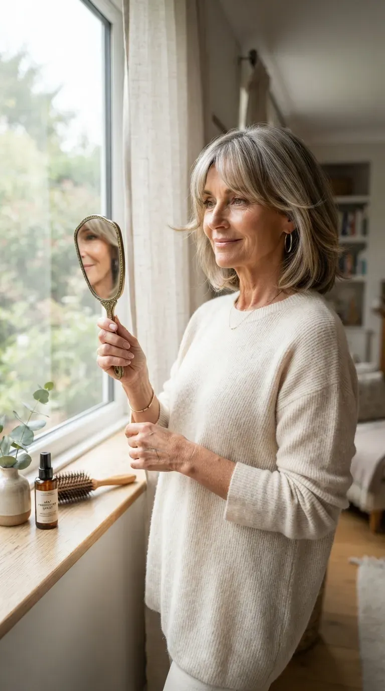Medium length bob haircut with curtain fringe on woman over 60