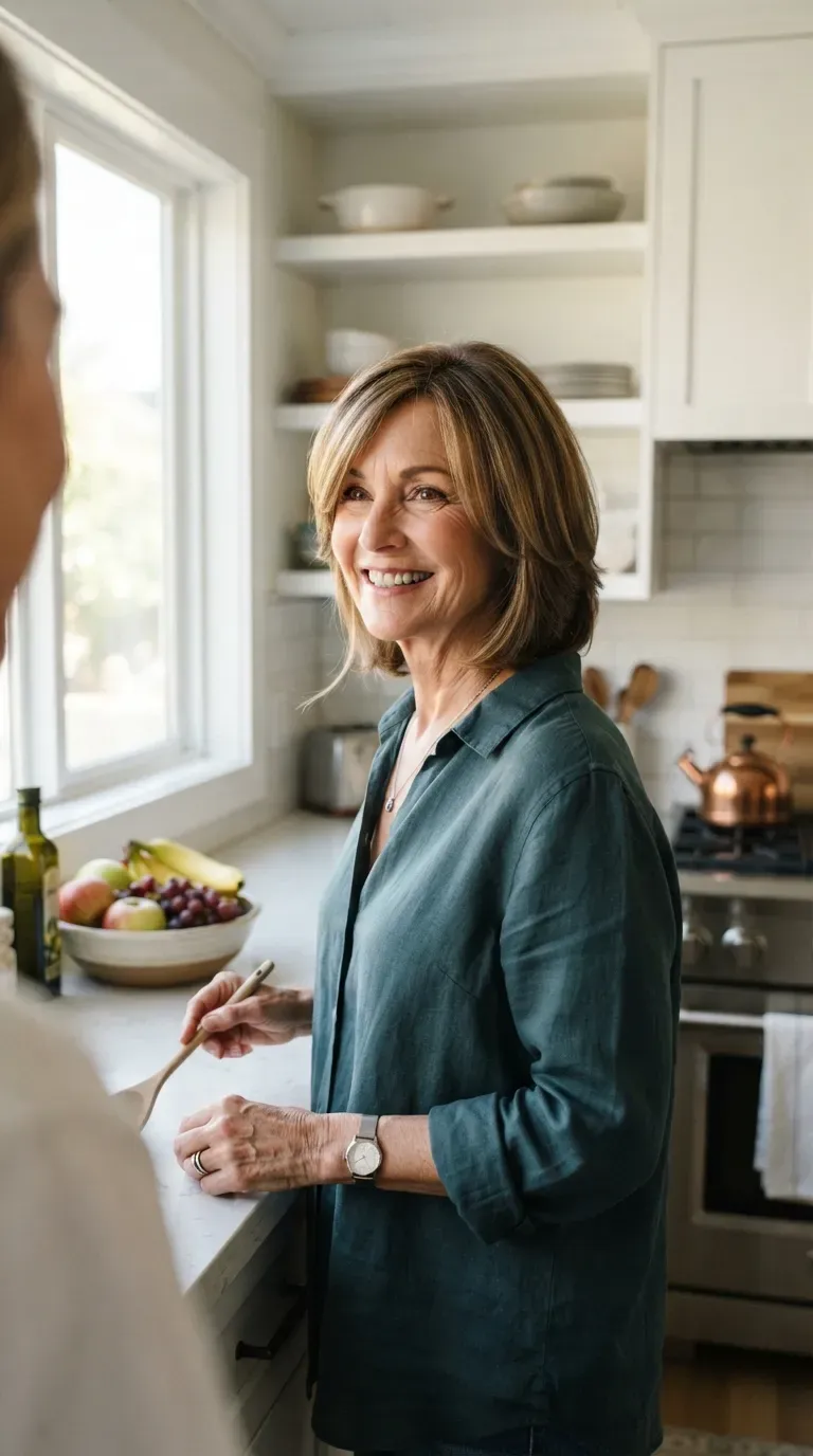 Medium length layered haircut with face-slimming layers on woman over 60