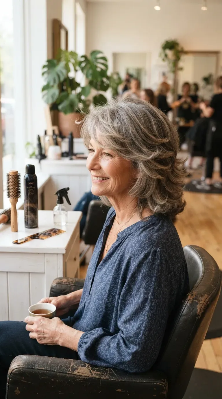 Woman over 60 with a layered medium shag haircut and soft volume