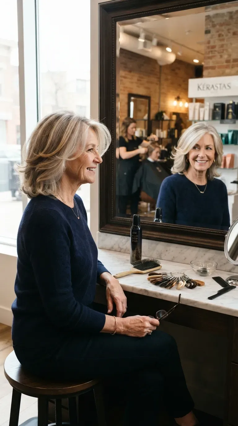 Medium length layered haircut with subtle lowlights on woman over 60
