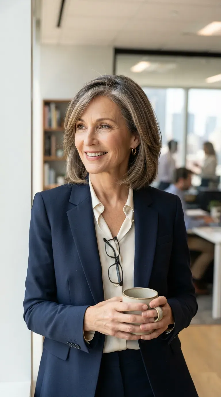Medium length shag haircut with full bangs on woman over 60