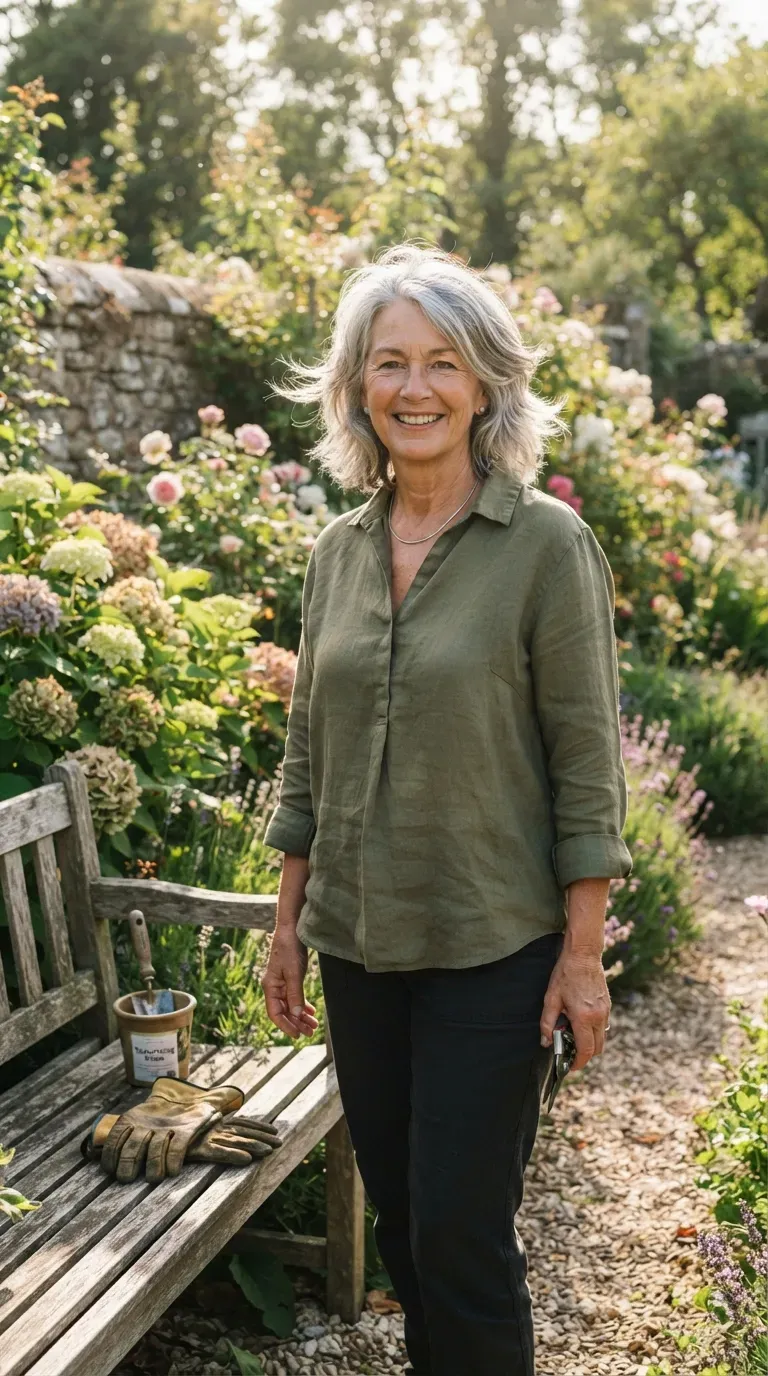 Textured silver medium length haircut on woman over 60