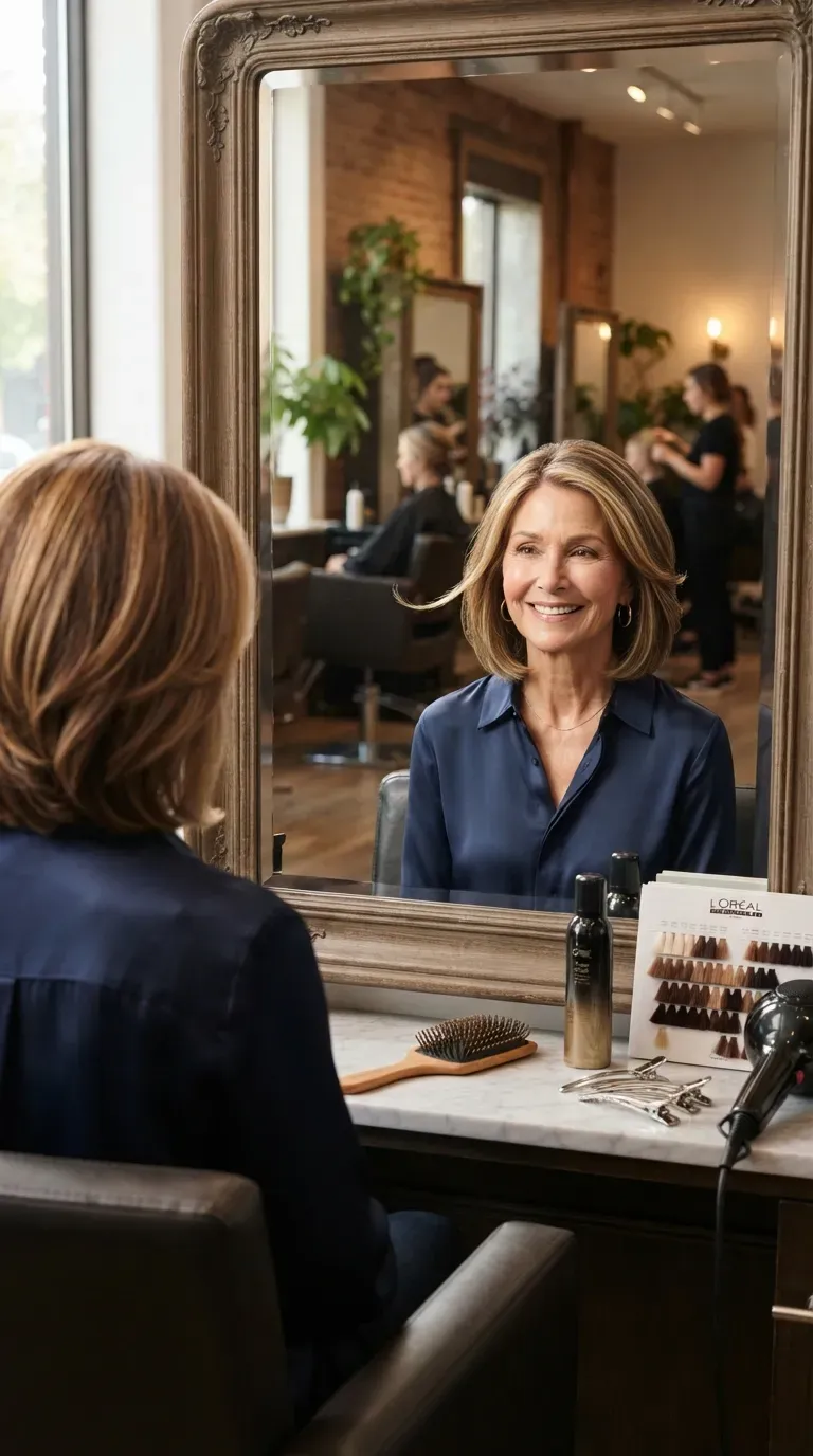 Medium length bob haircut with subtle highlights on woman over 60