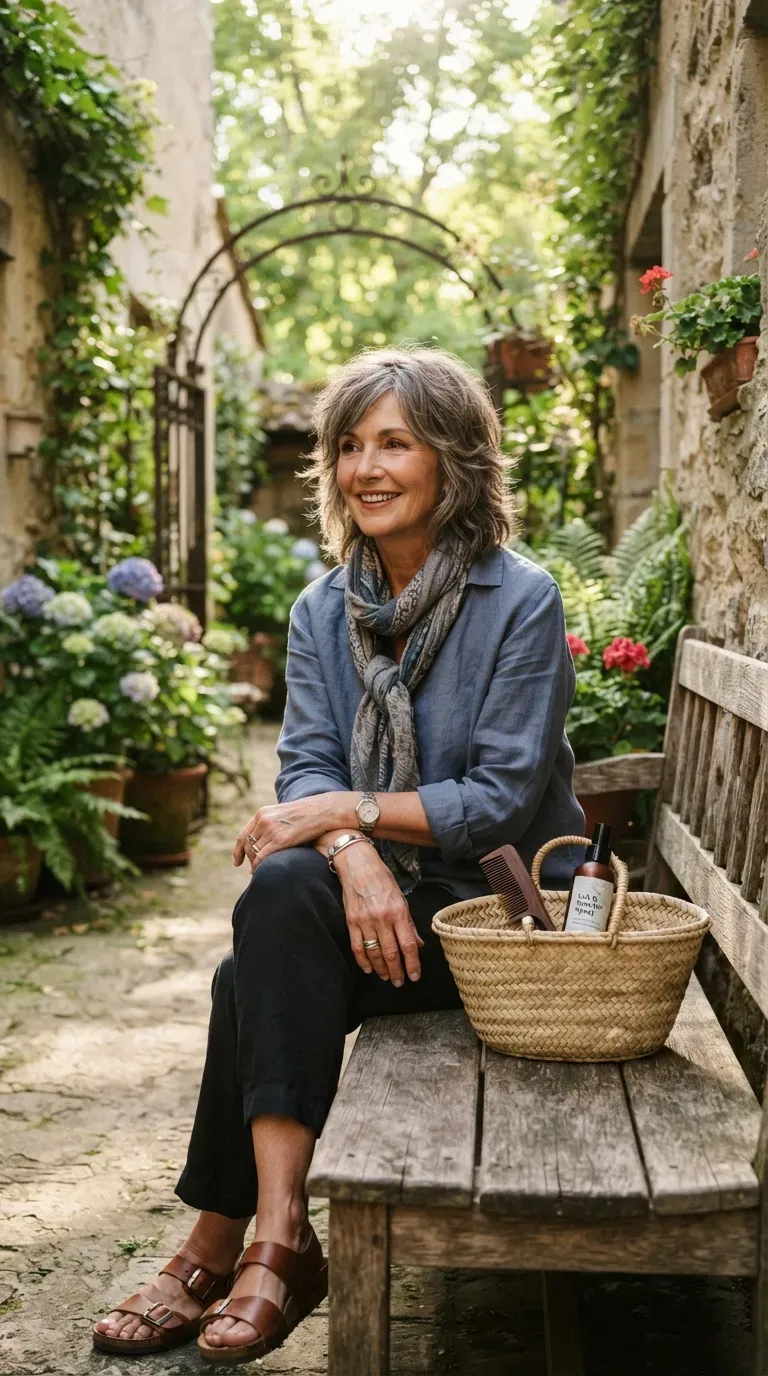 Medium length shag haircut with textured razored ends on woman over 60