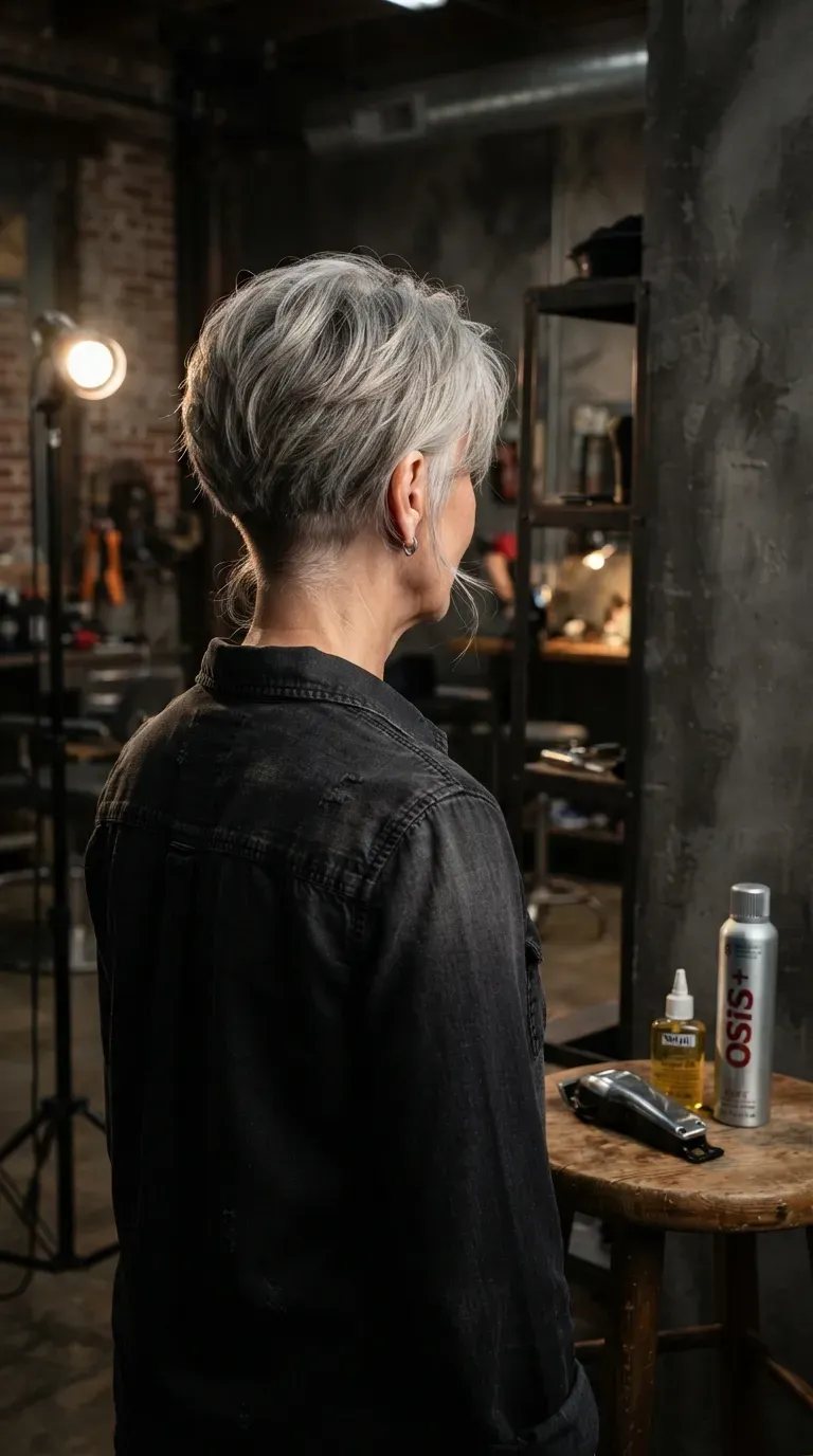 Medium length haircut with subtle undercut detail on woman over 60