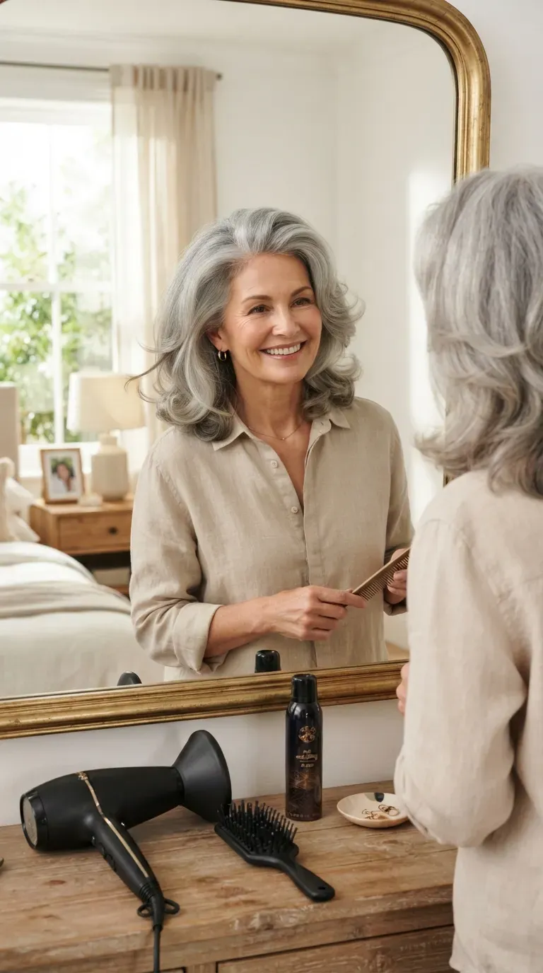 Medium length hairstyle with voluminous crown blowout on woman over 60