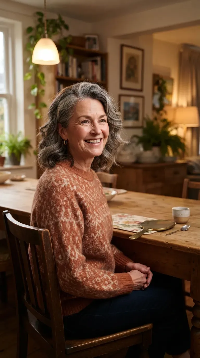 Medium length wavy hairstyle with a deep side part on woman over 60